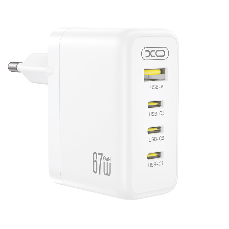 Carregador de Rede XO Design CE39, 67W, 3A, 1 x USB-A - 3 x USB-C, Branco