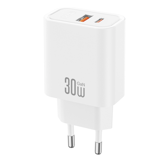 Carregador de Rede XO Design CE42, 30W, 3A, 1 x USB-A - 1 x USB-C, Branco