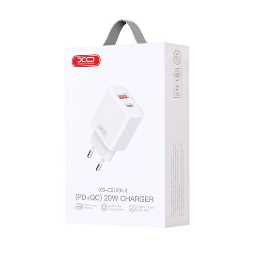 Carregador de Rede XO Design BPCE12, 20W, 3A, 1 x USB-A - 1 x USB-C, Branco