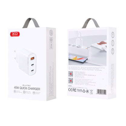 Carregador de rede XO Design L117, 45W, 3A, 1 x USB-A - 2 x USB-C, branco 