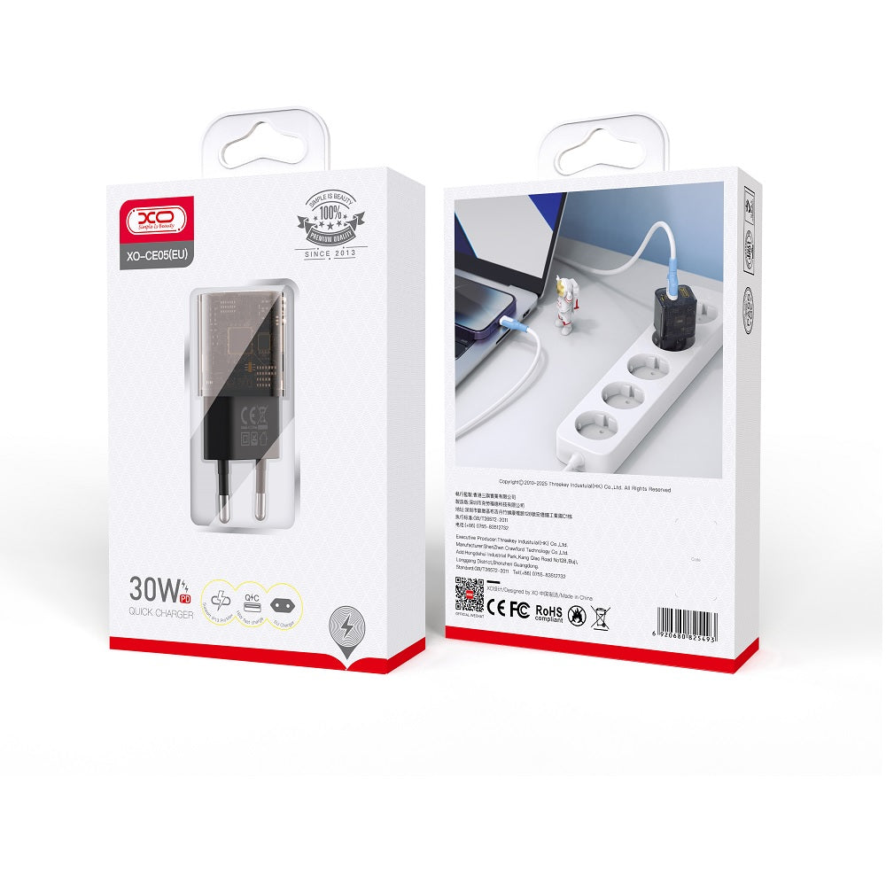 Carregador de Rede XO Design CE05, 30W, 3A, 1 x USB-A - 1 x USB-C, Castanho