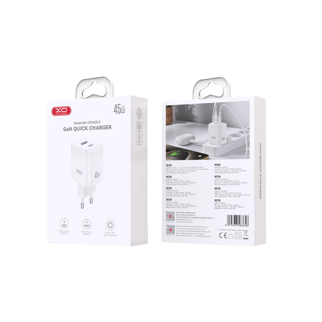 Carregador de Rede XO Design CE36, 45W, 3A, 1 x USB-A - 1 x USB-C, Branco