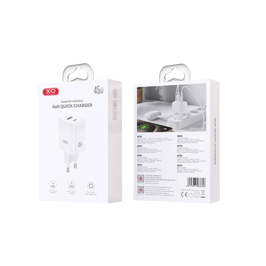 Carregador de Rede XO Design CE36, 45W, 3A, 1 x USB-A - 1 x USB-C, Branco