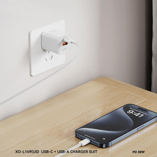Carregador de Rede XO Design L149, 30W, 3A, 1 x USB-A - 1 x USB-C, Branco