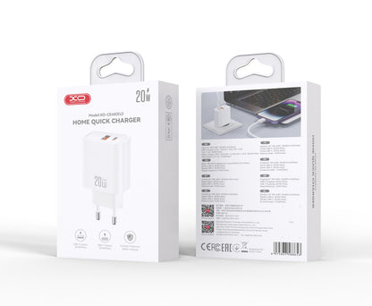 Carregador de Rede XO Design CE40, 20W, 3A, 1 x USB-A - 1 x USB-C, Branco