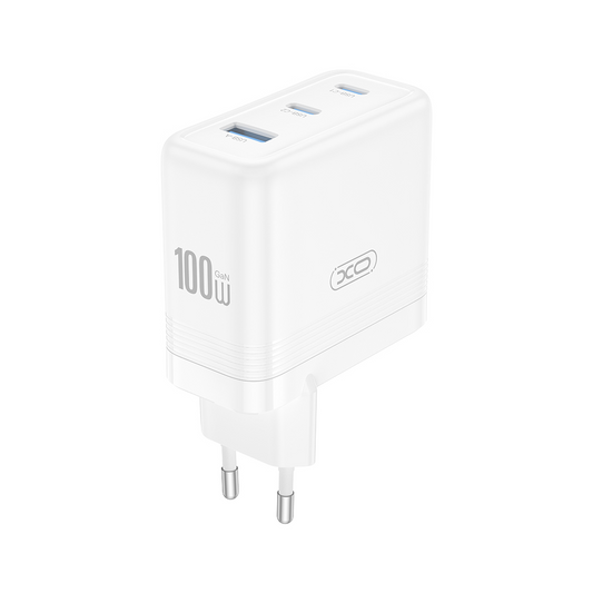 Carregador de Rede XO Design CE35, 100W, 5A, 1 x USB-A - 2 x USB-C, Branco