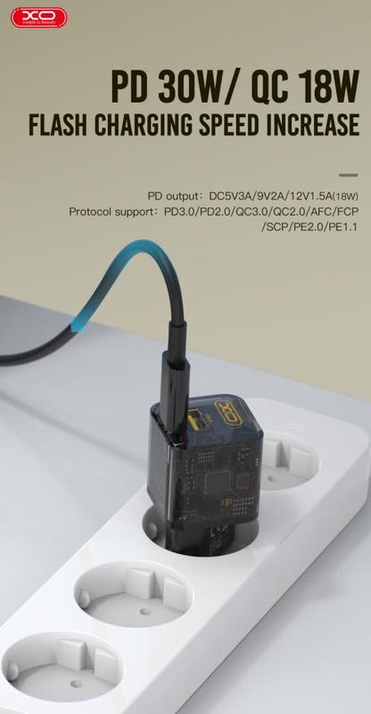 Carregador de Rede XO Design CE05, 30W, 3A, 1 x USB-A - 1 x USB-C, Castanho