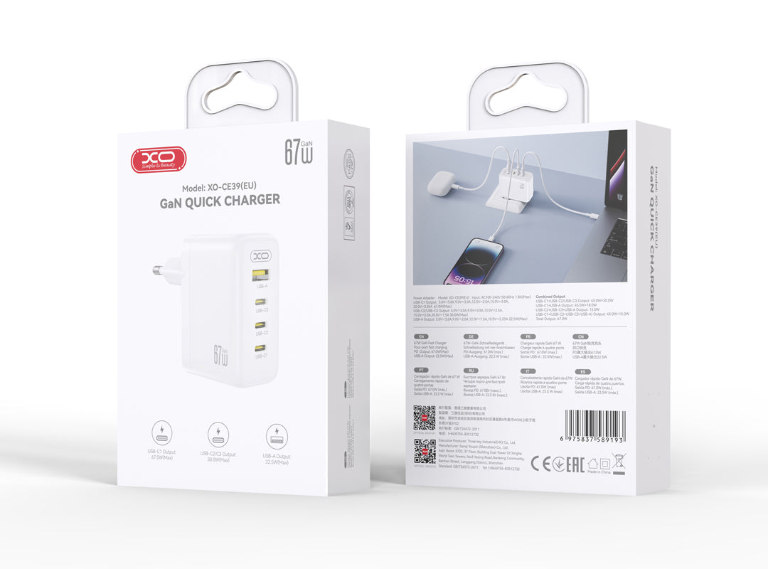 Carregador de Rede XO Design CE39, 67W, 3A, 1 x USB-A - 3 x USB-C, Branco