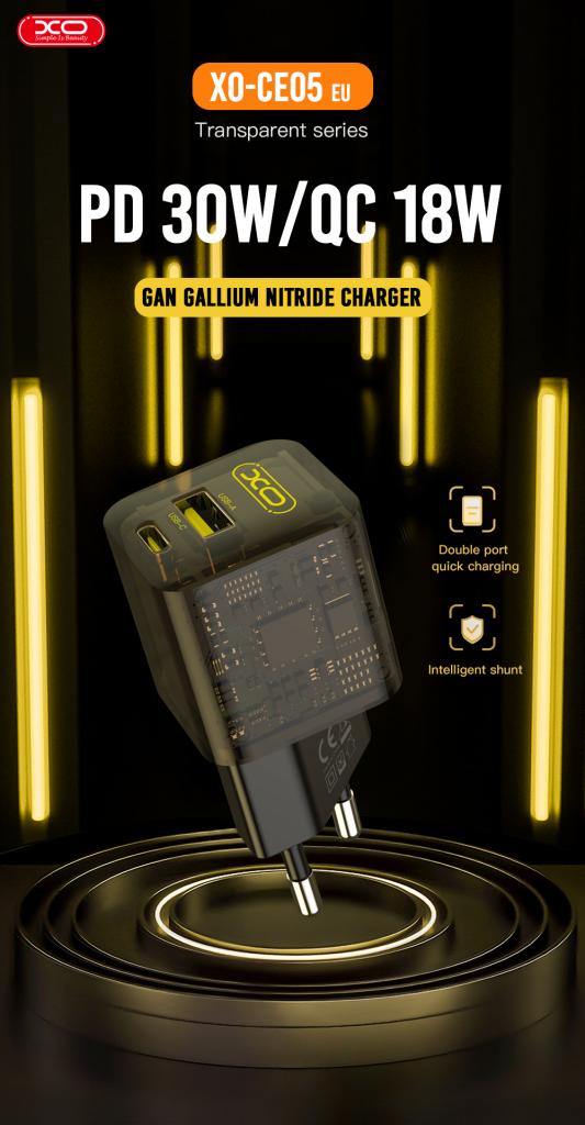 Carregador de Rede XO Design CE05, 30W, 3A, 1 x USB-A - 1 x USB-C, Castanho