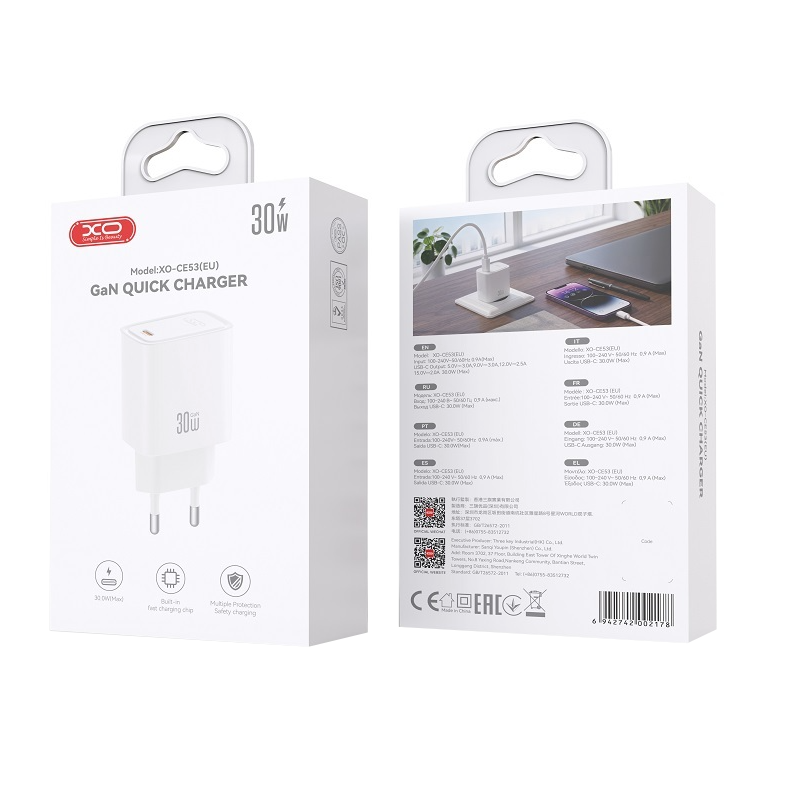 Carregador de rede XO Design CE53, 30 W, 3 A, 1 x USB-C, Branco