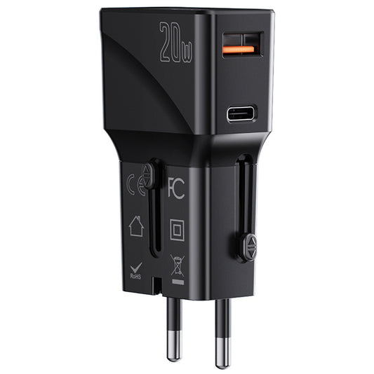 Carregador de Rede Yesido MC17 Travel, 20W, 3A, 1 x USB-A - 1 x USB-C, Preto 