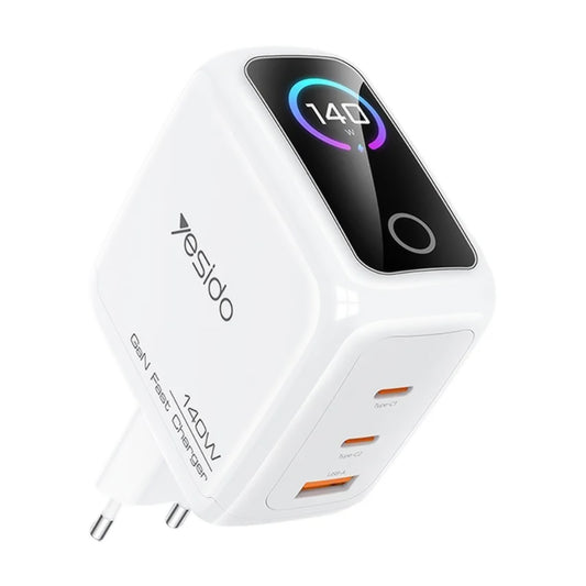 Carregador de Rede Yesido YC114 Display, 140W, 5A, 1 x USB-A - 2 x USB-C, Branco