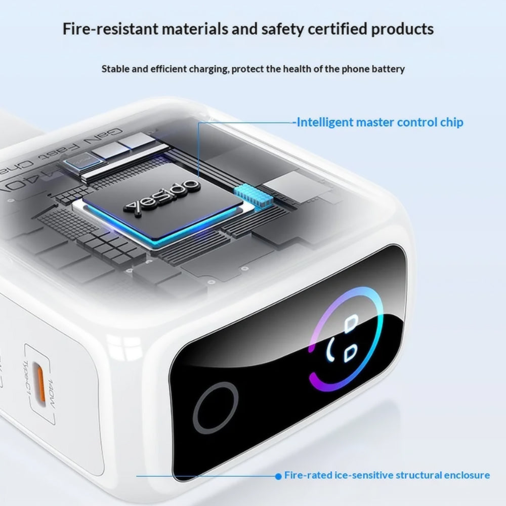 Carregador de Rede Yesido YC114 Display, 140W, 5A, 1 x USB-A - 2 x USB-C, Branco