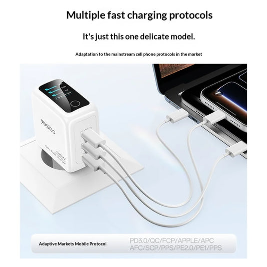 Carregador de Rede Yesido YC114 Display, 140W, 5A, 1 x USB-A - 2 x USB-C, Branco
