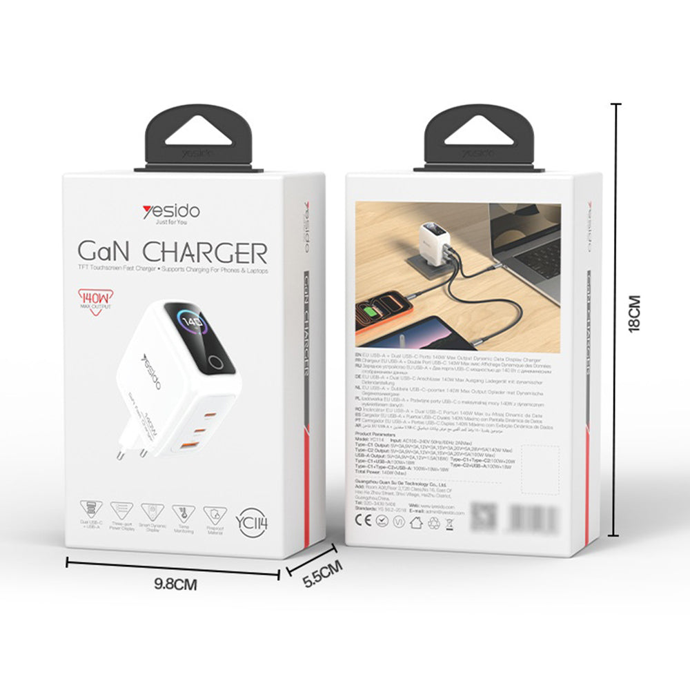 Carregador de Rede Yesido YC114 Display, 140W, 5A, 1 x USB-A - 2 x USB-C, Branco