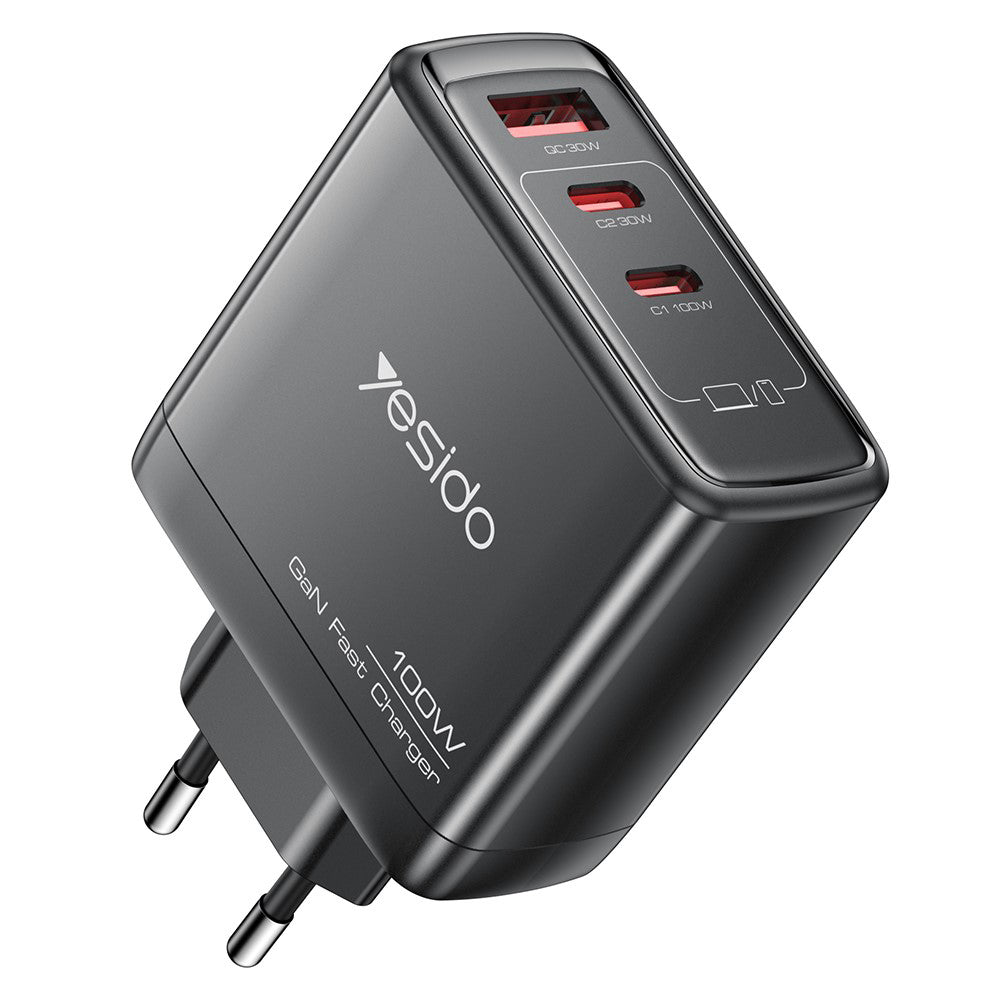 Carregador de Rede Yesido YC142, 100W, 5A, 1 x USB-A - 2 x USB-C, Preto