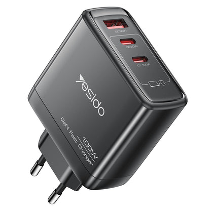 Carregador de Rede Yesido YC142, 100W, 5A, 1 x USB-A - 2 x USB-C, Preto