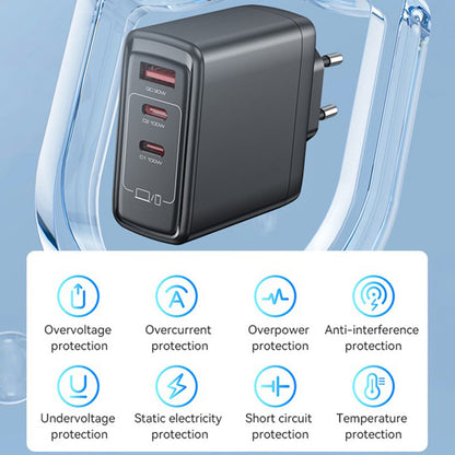 Carregador de Rede Yesido YC142, 100W, 5A, 1 x USB-A - 2 x USB-C, Preto