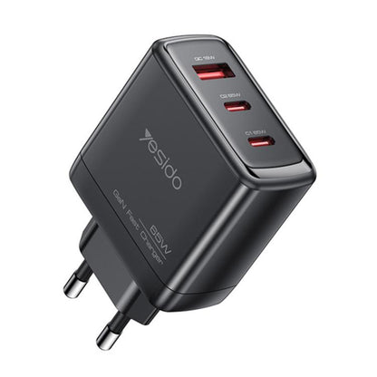 Carregador de Rede Yesido YC144, 65W, 3.25A, 1 x USB-A - 2 x USB-C, Preto