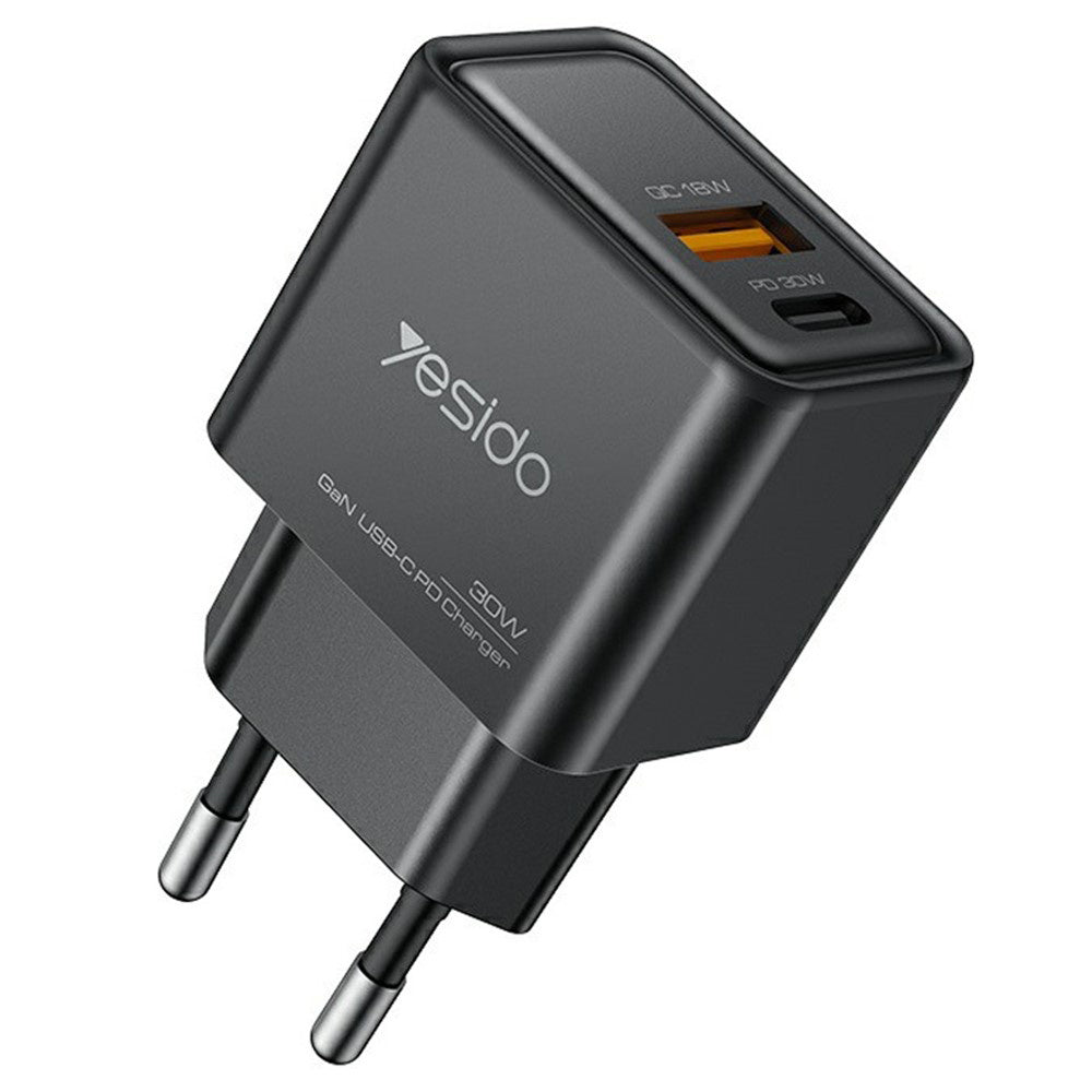 Carregador de Rede Yesido YC64, 30W, 3A, 1 x USB-A - 1 x USB-C, Preto