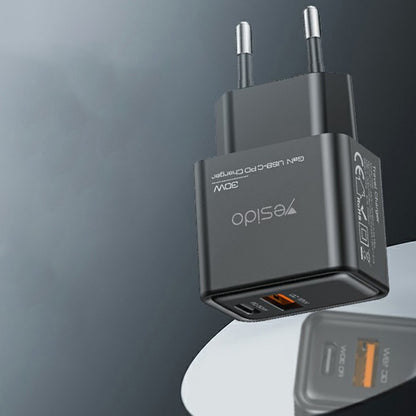Carregador de Rede Yesido YC64, 30W, 3A, 1 x USB-A - 1 x USB-C, Preto