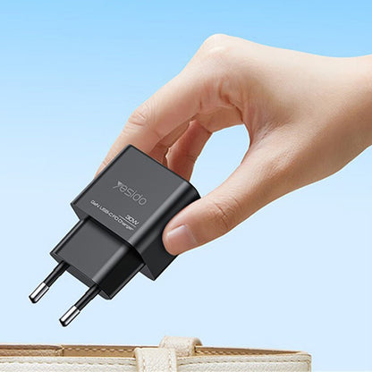 Carregador de Rede Yesido YC64, 30W, 3A, 1 x USB-A - 1 x USB-C, Preto