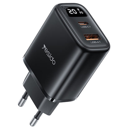 Carregador de Rede Yesido YC68, Display 20W, 3A, 1 x USB-A - 1 x USB-C, Preto