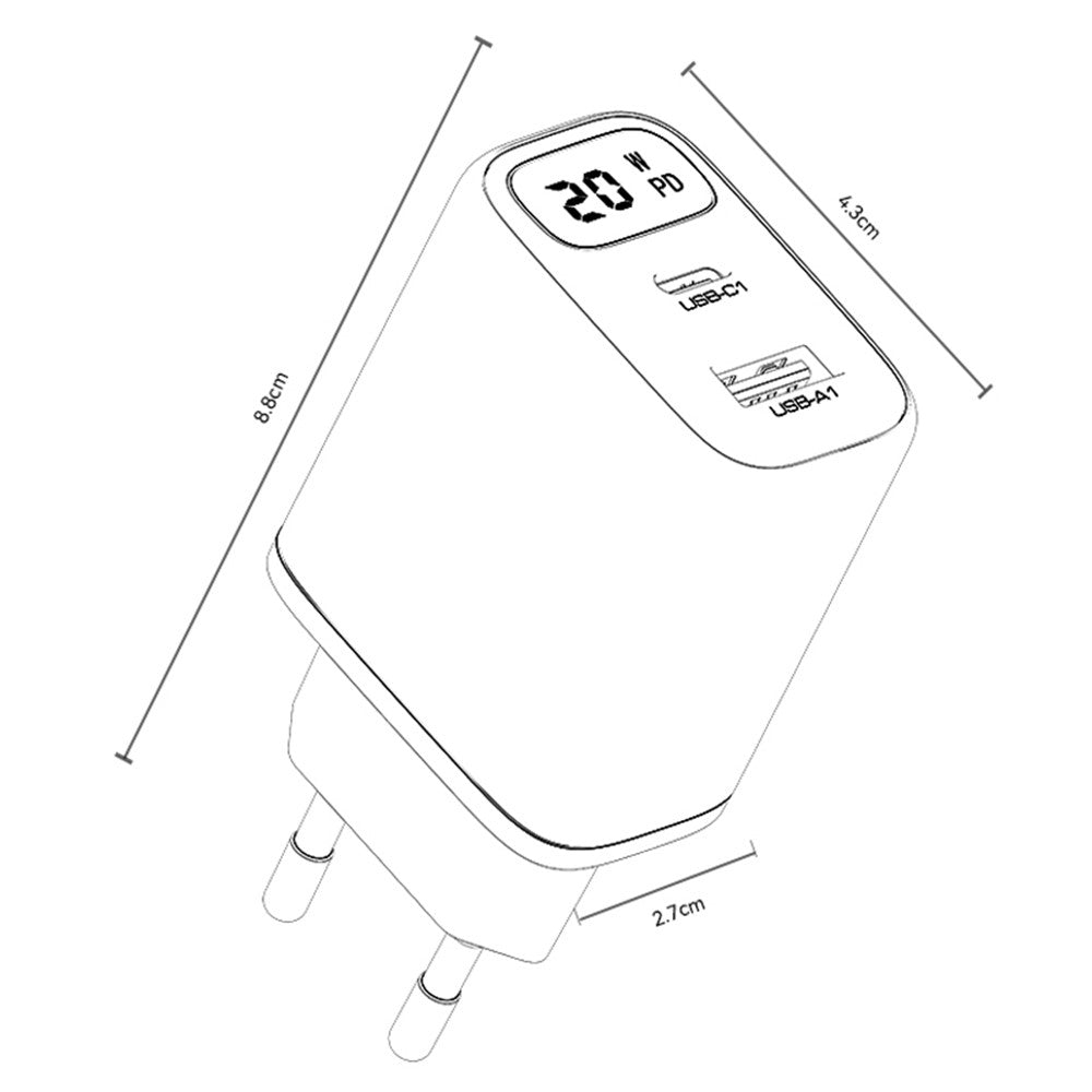 Carregador de Rede Yesido YC68, Display 20W, 3A, 1 x USB-A - 1 x USB-C, Preto