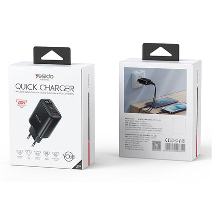 Carregador de Rede Yesido YC68, Display 20W, 3A, 1 x USB-A - 1 x USB-C, Preto