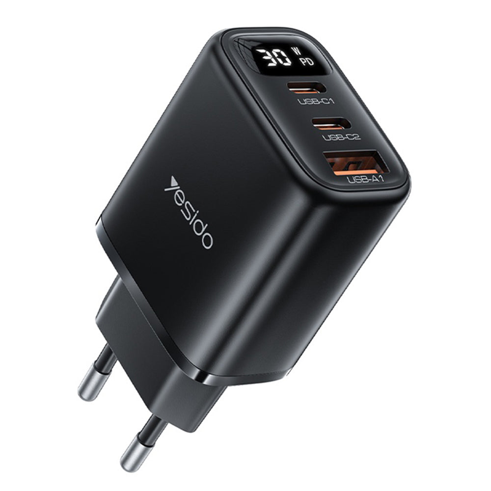 Carregador de Rede Yesido YC69 Display, 30W, 3A, 1 x USB-A - 2 x USB-C, Preto