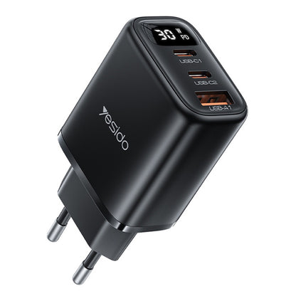 Carregador de Rede Yesido YC69 Display, 30W, 3A, 1 x USB-A - 2 x USB-C, Preto