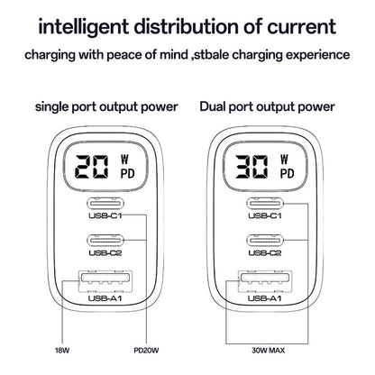 Carregador de Rede Yesido YC69 Display, 30W, 3A, 1 x USB-A - 2 x USB-C, Preto