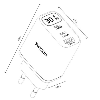 Carregador de Rede Yesido YC69 Display, 30W, 3A, 1 x USB-A - 2 x USB-C, Preto