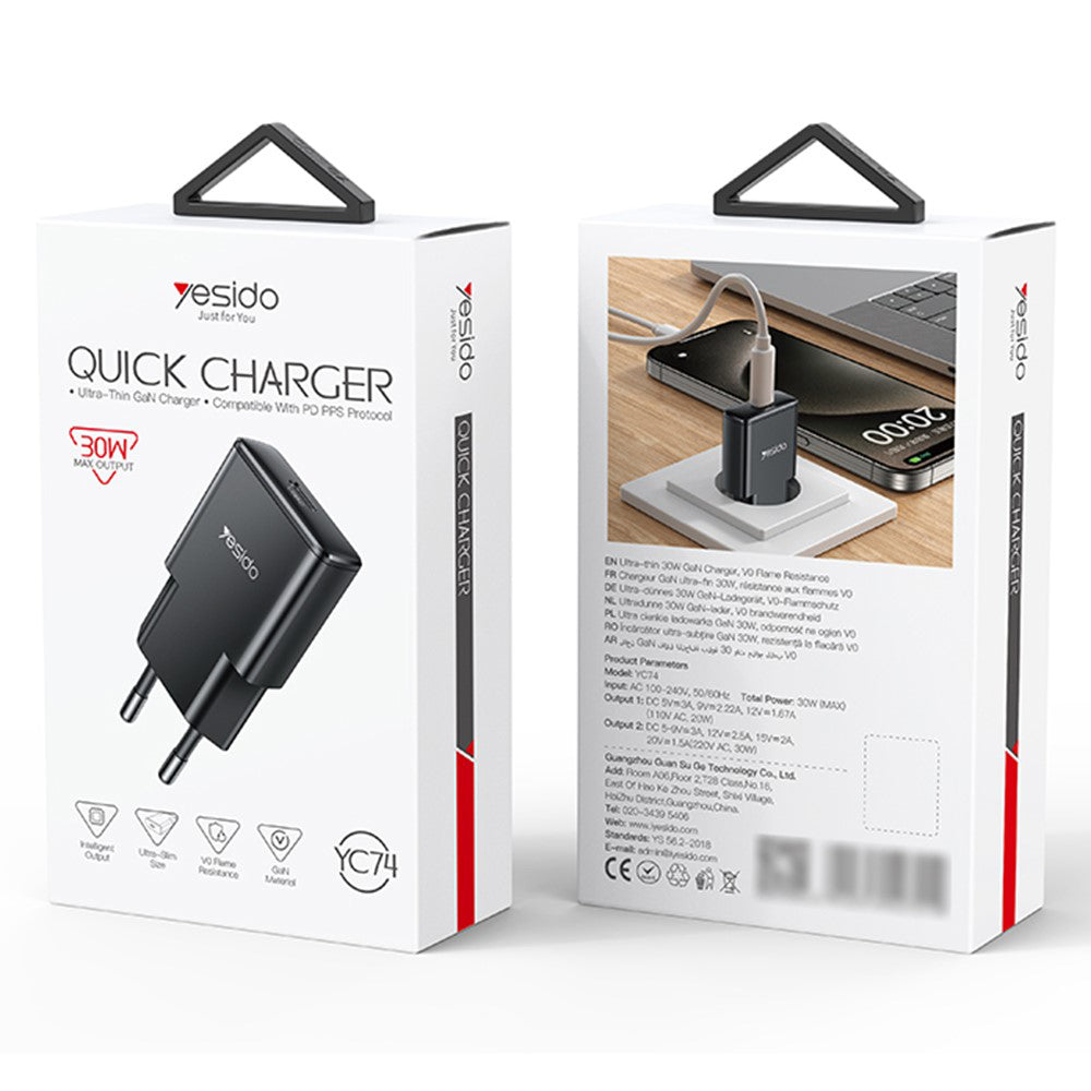 Carregador de Rede Yesido YC74, 30W, 3A, 1 x USB-C, Preto