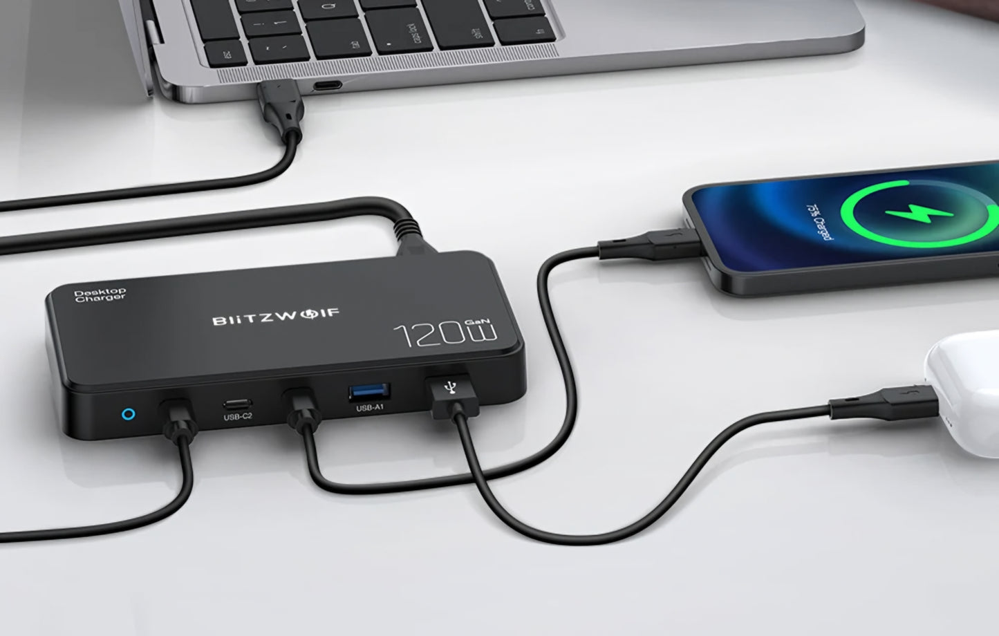 Carregador Estação BlitzWolf BW-i100, 120W, 5A, 2 x USB-A - 3 x USB-C, Preto