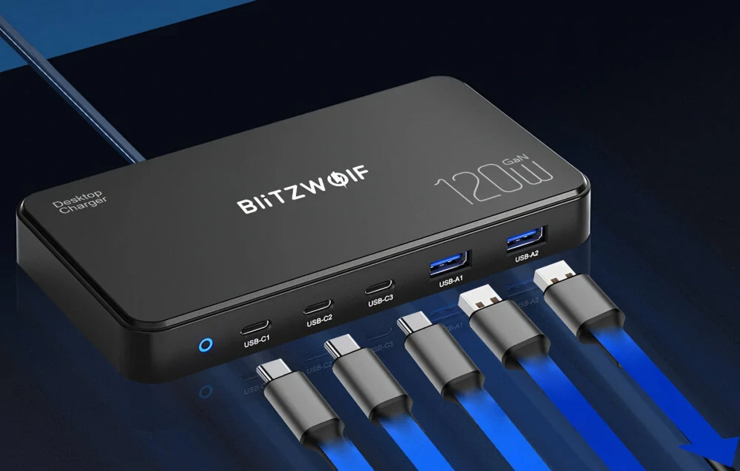 Carregador Estação BlitzWolf BW-i100, 120W, 5A, 2 x USB-A - 3 x USB-C, Preto