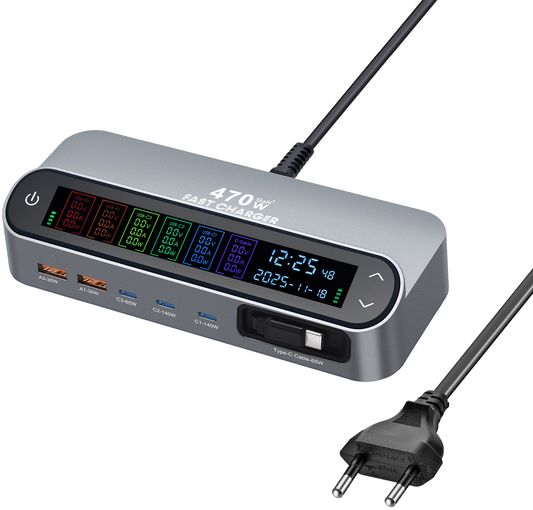 Carregador Estação com Cabo USB-C OEM LCD470W, 470W, 5A, 2 x USB-A - 3 x USB-C, Cinzento
