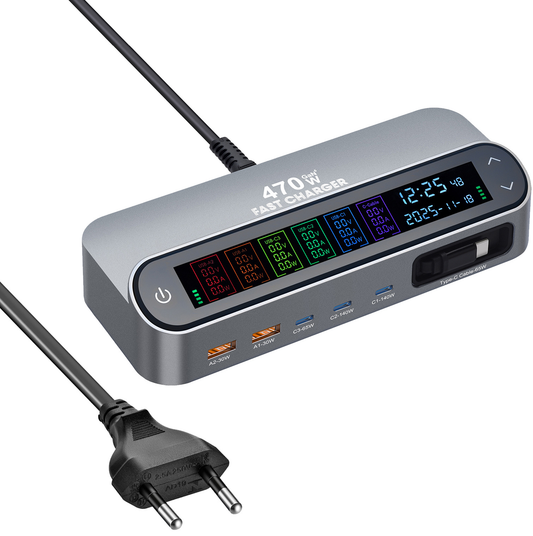 Carregador Estação com Cabo USB-C OEM LCD470W, 470W, 5A, 2 x USB-A - 3 x USB-C, Cinzento