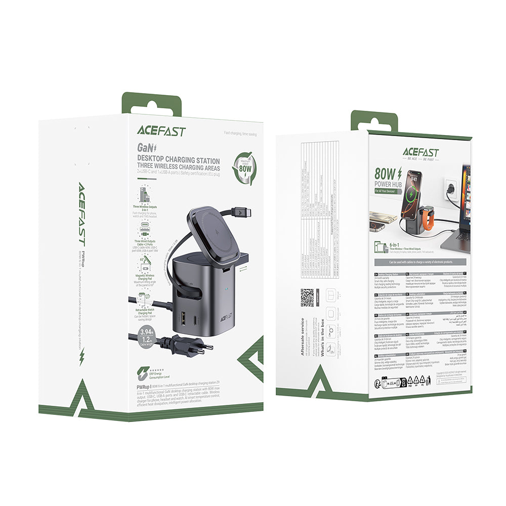 Carregador Estação com Cabo USB-C Acefast Z9 QI 6in1, 80W, 1 x USB-C - 1 x USB-A, Preto