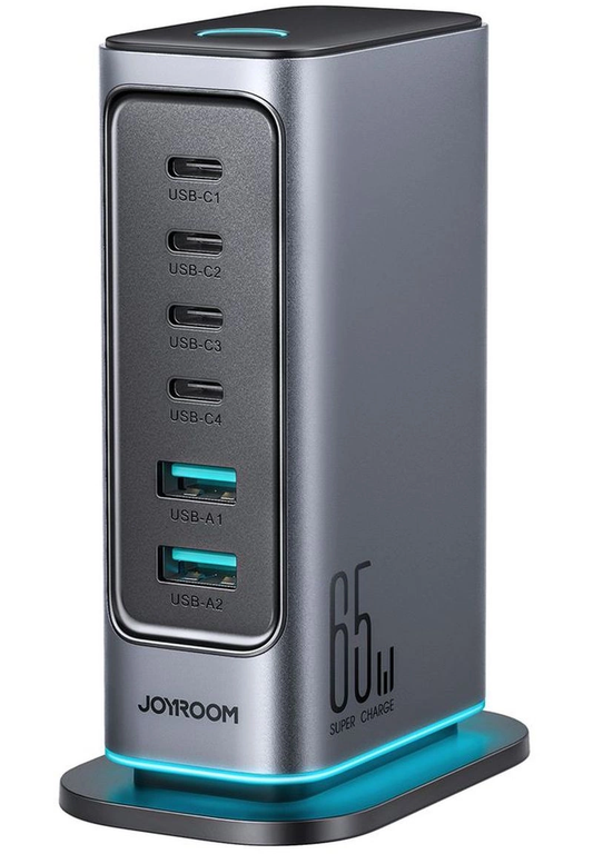 Carregador Estação Joyroom JR-TCM02 UK, 65W, 3.25A, 2 x USB-A - 4 x USB-C, Cinzento
