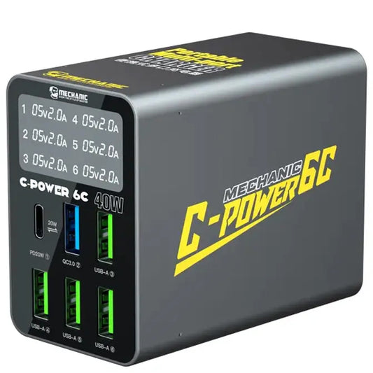 Carregador Estação Mechanic 6C com Display, 40W, 3A, 1 x USB-C - 5 x USB-A, Preto