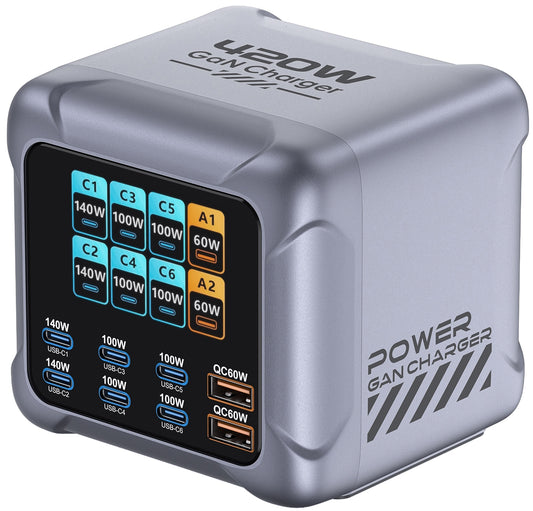 Carregador Estação OEM BK-126D, 140W, 5A, 2 x USB-A - 6 x USB-C, Cinzento