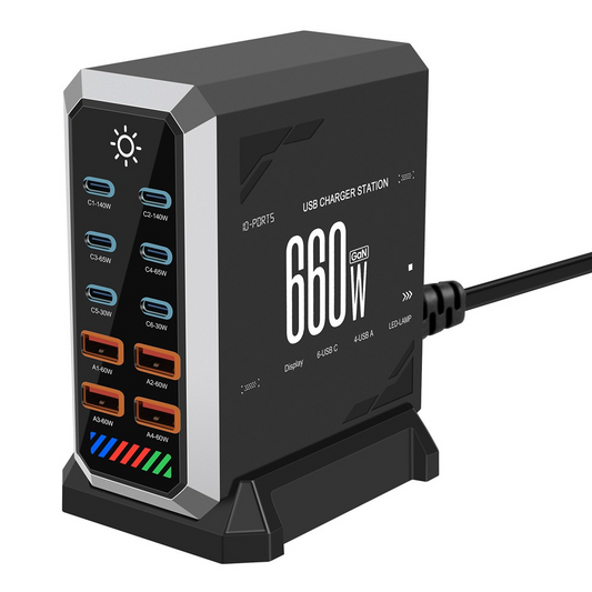 Carregador Estação OEM HW18, 660W, 5A, 4 x USB-A - 6 x USB-C, Preto
