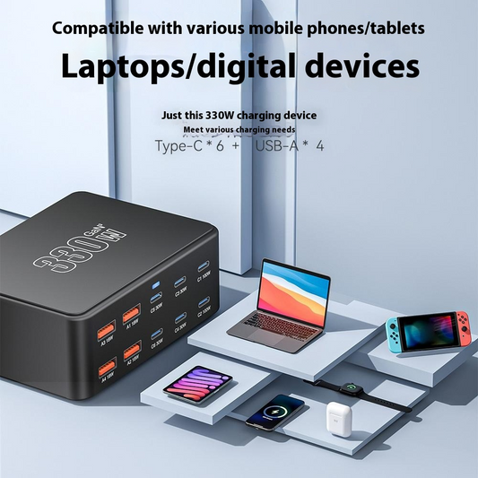 Carregador Estação OEM HW66, 330W, 5A, 4 x USB-A - 6 x USB-C, Preto