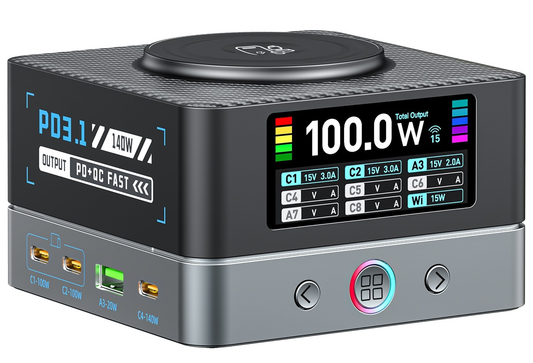 Carregador Estação OEM WLX-R8A QI, 140W, 5A, 2 x USB-A - 6 x USB-C, Cinzento