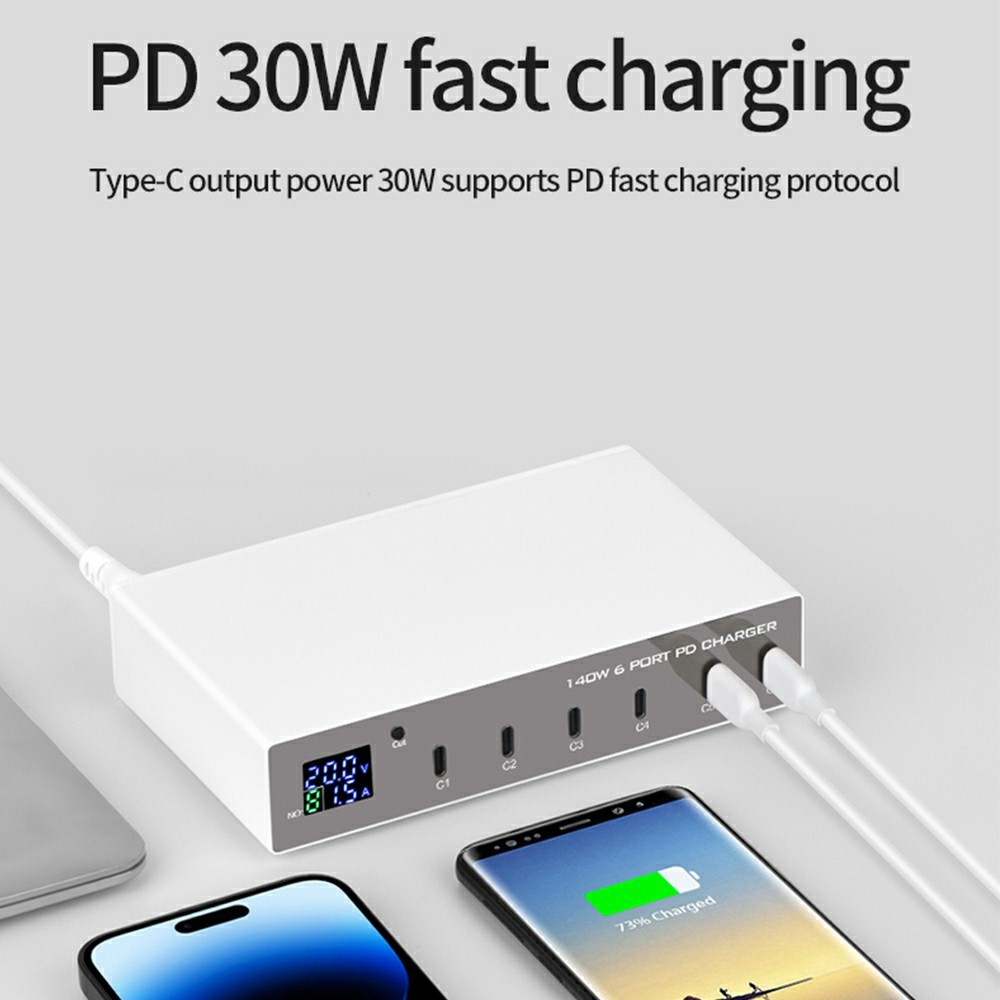 Carregador Estação OEM WLX-X6P, 140W, 3A, 6 x USB-C, Prateado