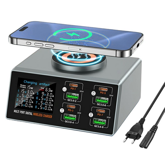 Carregador Estação OEM WLX-X9S QI, 140W, 3A, 4 x USB-A - 4 x USB-C, Prateado