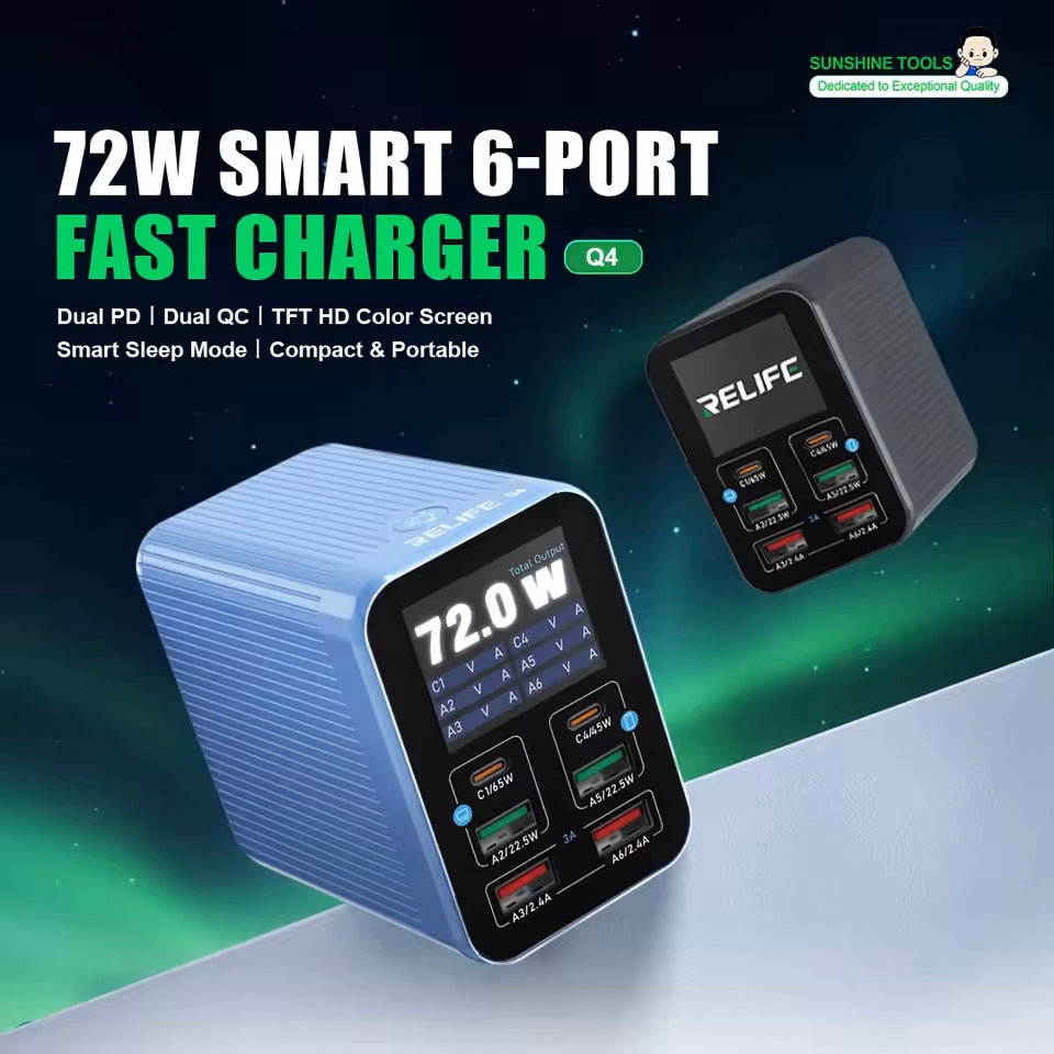 Carregador Estação Relife Q4, 72W, 5A, 2 x USB-C - 4 x USB-A, Cinzento