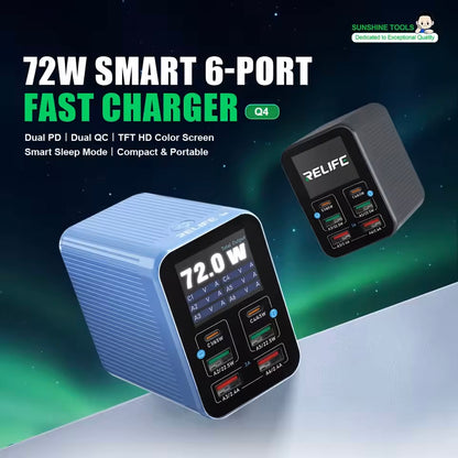 Carregador Estação Relife Q4, 72W, 5A, 2 x USB-C - 4 x USB-A, Cinzento