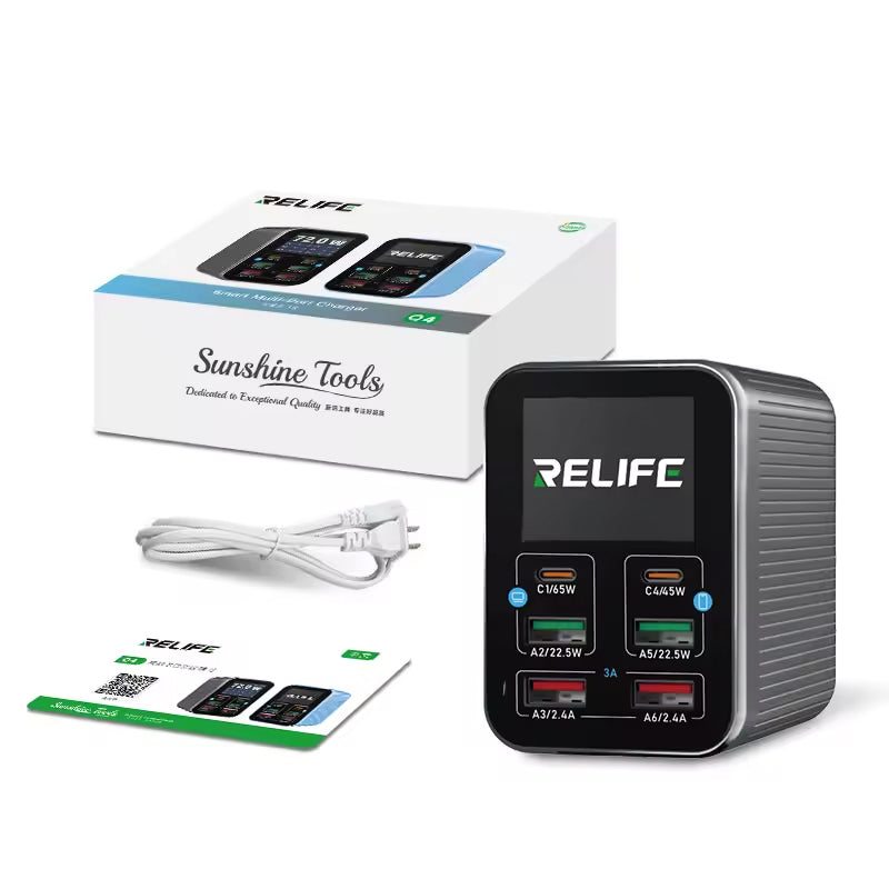 Carregador Estação Relife Q4, 72W, 5A, 2 x USB-C - 4 x USB-A, Cinzento